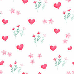 Seamless pattern with hearts
and flowers on white background,
 watercolor hand drawing
 illustration