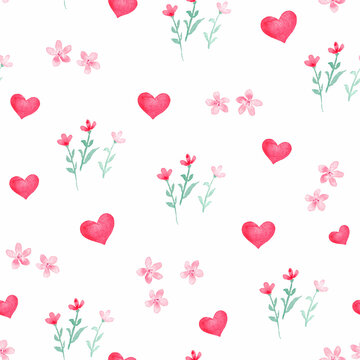 Seamless pattern with hearts
and flowers on white background,
 watercolor hand drawing
 illustration