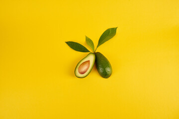 Green avocado with leaves on a yellow background. Top view.