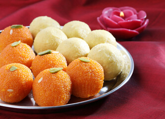 Diwali Sweets besan and motichur Laddu Indian traditional sweet served in a  plate