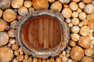 Natural wooden background - chopped firewood closeup. Firewood arranged and prepared for winter. A pile of logs of wood.