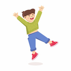 Little boy jumping isolated on a white background. Happy smiling children - 496173127