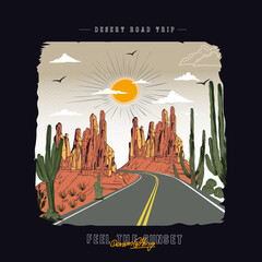  western vintage desert road trip, Desert vibes vector graphic print design for apparel, stickers, posters, background and others. Outdoor western vintage artwork. Arizona desert t-shirt design - obrazy, fototapety, plakaty