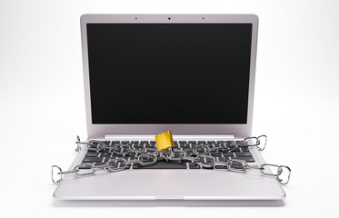 Laptop con catena e lucchetto, concetto di sicurezza in rete e dei dati sensibili. Illustrazione 3d