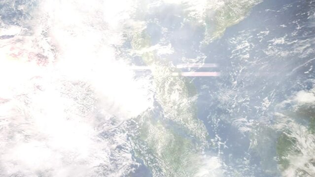Earth zoom in from outer space to city. Zooming on Taiping, Perak, Malaysia. The animation continues by zoom out through clouds and atmosphere into space. Images from NASA