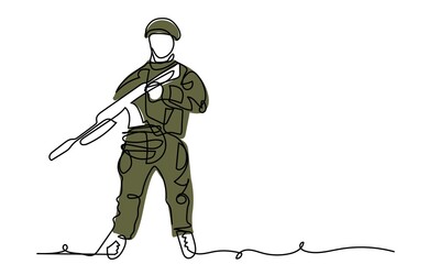 Obraz premium Soldier in full growth with weapon in helmet and khaki military form of armed forces. Vector illustration. One continuous line art drawing background, banner, poster of soldier