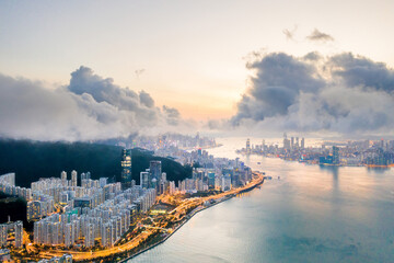 Epic Aerial view of Victoria Harbour, focus on the East side of Hong Kong Island