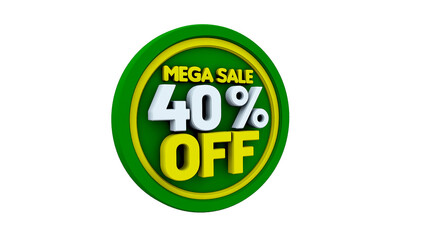 3d illustration with text: 40% off mega sale. Discout for big sales. Green background
