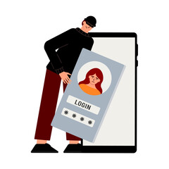 Hacker attack. Fraud with user data on social networks. Credit or debit card theft. Internet phishing, hacked username and password. Cybercrime and crime. A thief on a website online on the internet