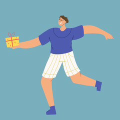 The man gives a gift. Holiday Birthday. The man is dancing with a gift. Hand draw style