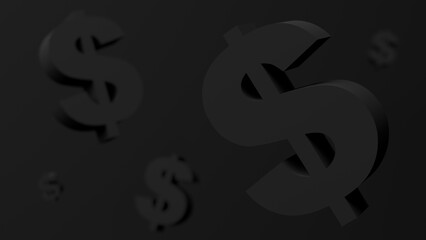 Black dollar sign. Black background. Abstract monochrome illustration, 3d render.