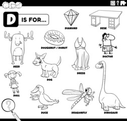 letter d words educational set coloring book page