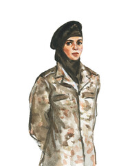 Watercolor portrait of Arabian woman soldier. Hand drawn successful lady in abaya and camouflage form. Painting illustration on white background. - 496175980