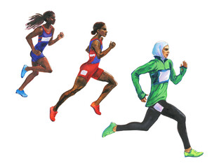 Fototapeta na wymiar Watercolor running athletic women. Painting arabian, african sportwomen. Hand drawn sport illustration on white background.