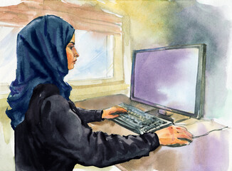 Watercolor portrait of Arabian woman with computer. Hand drawn realistic illustration. Painting business lady at the office.