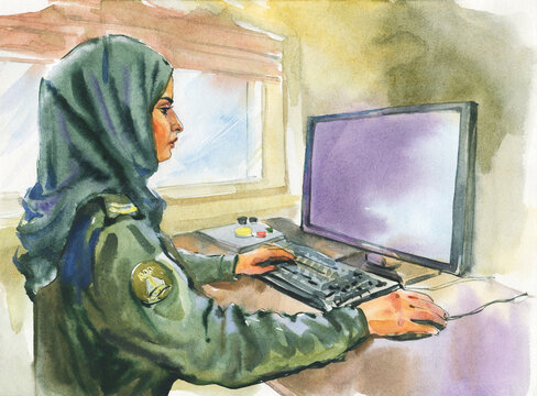 Watercolor portrait of Arabian woman military cartographer. Painting lady topographe on the work place. Hand drawn illustration on white background.