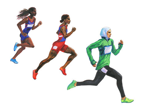 Watercolor running athletic women. Painting arabian, african sportwomen. Hand drawn sport illustration on white background.