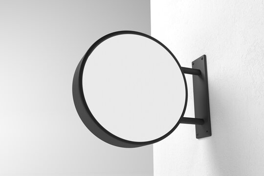 3D rendering of hanging wall sign, round billboard, sign board on gray background