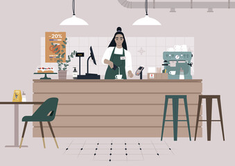 A young female Asian character serving coffee at the coffeeshop counter, morning rituals and modern lifestyle