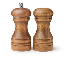 Front view of wooden salt shaker and pepper mill
