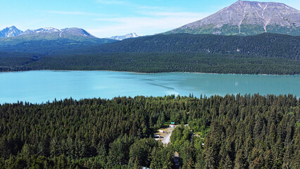Aerial stills of Summer RV camping on Kenai Lake, in Alaska.