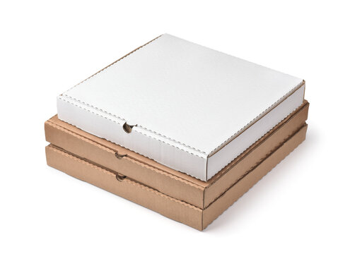 Stack of different blank corrugated pizza boxes