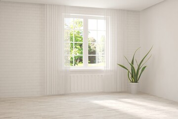 White empty room with summer landscape in window. Scandinavian interior design. 3D illustration