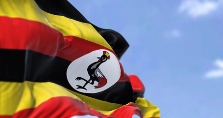 Fototapeta premium Detail of the national flag of Uganda waving in the wind on a clear day