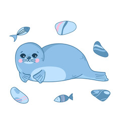 Fototapeta premium Vector illustration with cute sea seal and pebbles, navy seal, funny sea animals in cartoon style. Children's illustration for postcards, posters, pajamas, fabrics, clothes, stickers.