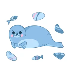 Foto op Canvas Vector illustration with cute sea seal and pebbles, navy seal, funny sea animals in cartoon style. Children's illustration for postcards, posters, pajamas, fabrics, clothes, stickers. © Vasia_illi