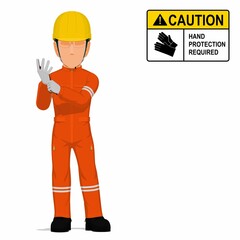 An industrial worker is putting on the gloves on white background