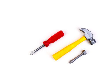 Toy. professional repairing implements for decorating and building renovation set on the on white background. Electrical tools. Top view. Copy space for text.