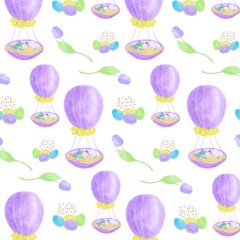 Watercolor drawing Easter basket with balloon. Multi-colored eggs with paska. Purple pattern. For the holy holiday of Easter postcards.