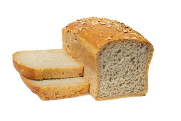 Bread loaf square shape and sliced slices isolated on a white background, full focus, clipping path, no shadows.