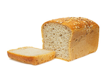Bread loaf square shape and sliced slices isolated on a white background, full focus, clipping path, no shadows.