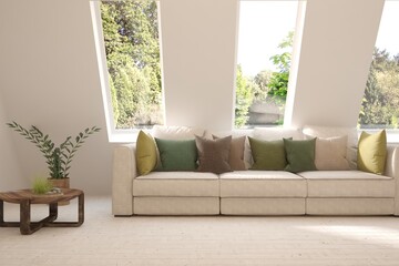 White living room with sofa and summer landscape in window. Scandinavian interior design. 3D illustration