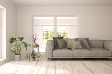 Minimalist living room in white color with sofa and summer landscape in window. Scandinavian interior design. 3D illustration