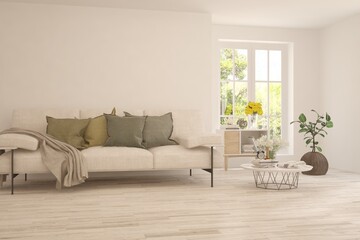 White living room with sofa and summer landscape in window. Scandinavian interior design. 3D illustration
