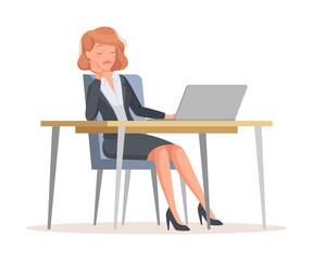 Young Office Woman at Desk with Laptop Having Day Nap and Rest Break Vector Illustration