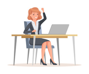 Office Woman in Suit at Desk with Laptop Feeling Angry Engaged in Workflow Vector Illustration