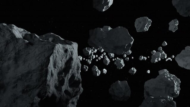 Amazing asteroids field, beautiful cinematic flight through dark deep space asteroid field with stars. 3D Rendering
