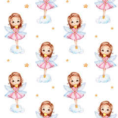 Fototapeta na wymiar Seamless pattern with fairy on cloud and stars; watercolor hand drawn illustration; with white isolated background