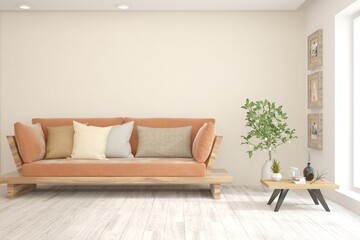 White living room with sofa. Scandinavian interior design. 3D illustration