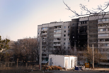 Terrible, bloody war of Russia against Ukraine. Destroyed houses of people in Kharkov after the...