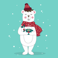 polar bear vector, cute polar bear in knitted scarf, wild animals, cartoon polar bear, polar bear in hand drawing style