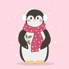 penguin vector, cute penguin in knitted scarf, wild animal, cartoon penguin, penguin in hand drawing style