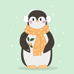 penguin vector, cute penguin in knitted scarf, wild animal, cartoon penguin, penguin in hand drawing style