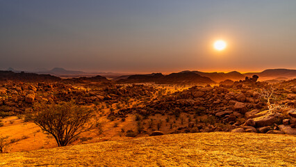 Beautiful panoramic sunset over Damaraland landscape, Namibia	
