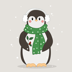 penguin vector, cute penguin in knitted scarf, wild animal, cartoon penguin, penguin in hand drawing style
