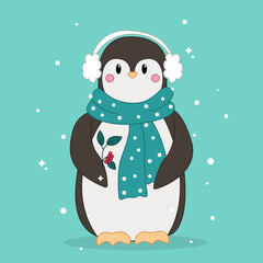 penguin vector, cute penguin in knitted scarf, wild animal, cartoon penguin, penguin in hand drawing style